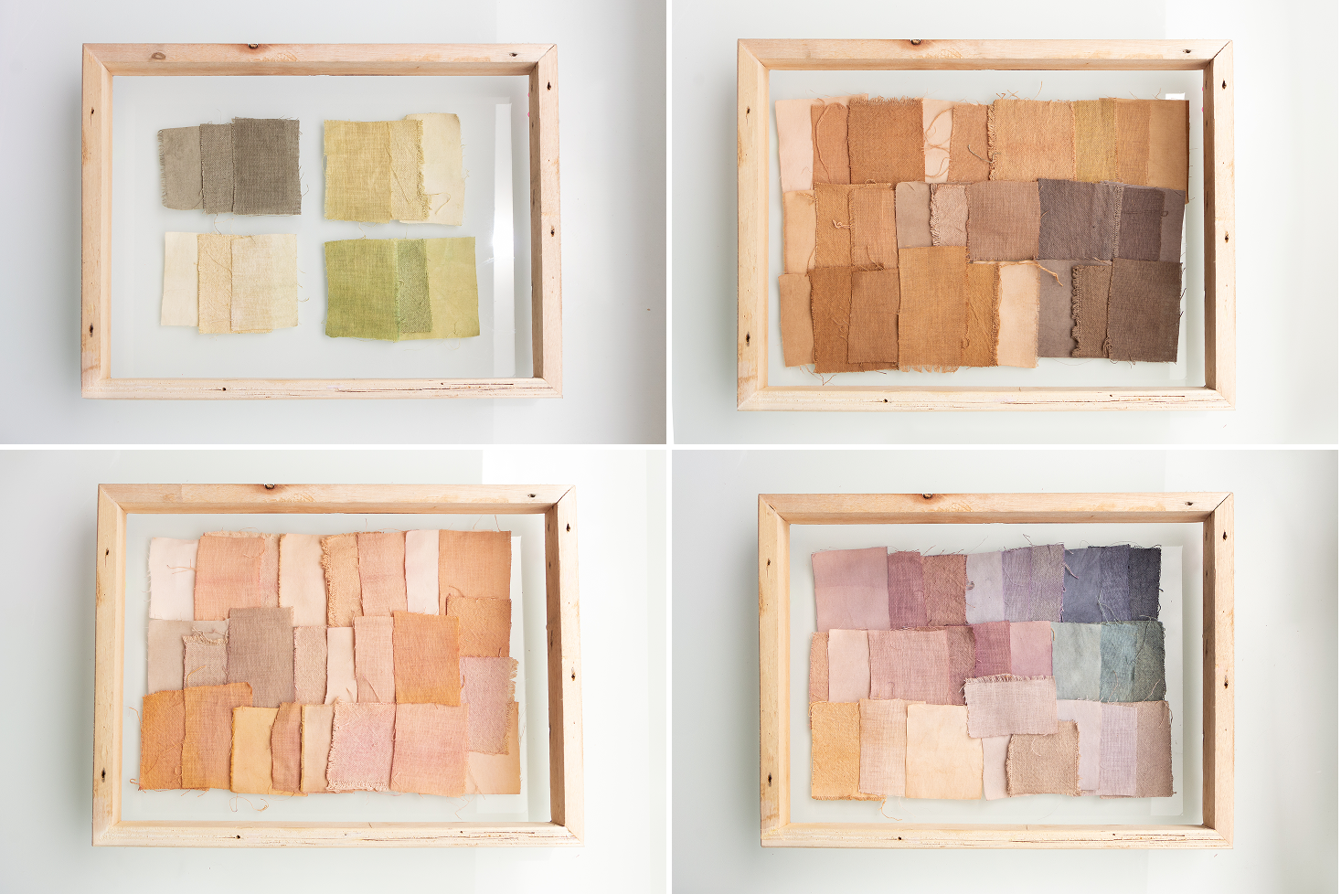 Framed handmade paper squares in warm pastel colors arranged in a patchwork composition.