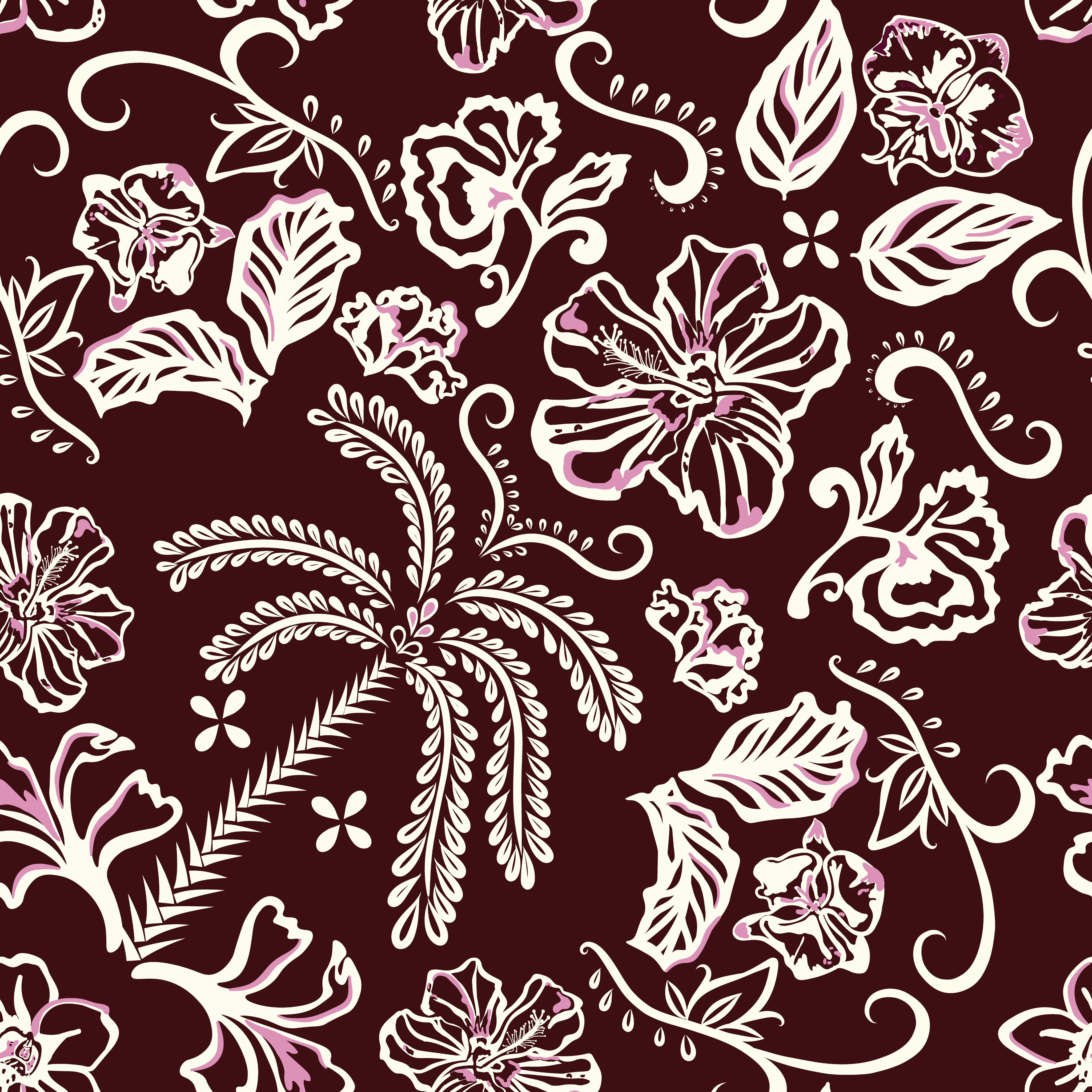 Pattern of white floral illustrations on a dark redwine color background, featuring detailed flowers, leaves, and vines arranged in an organic composition.