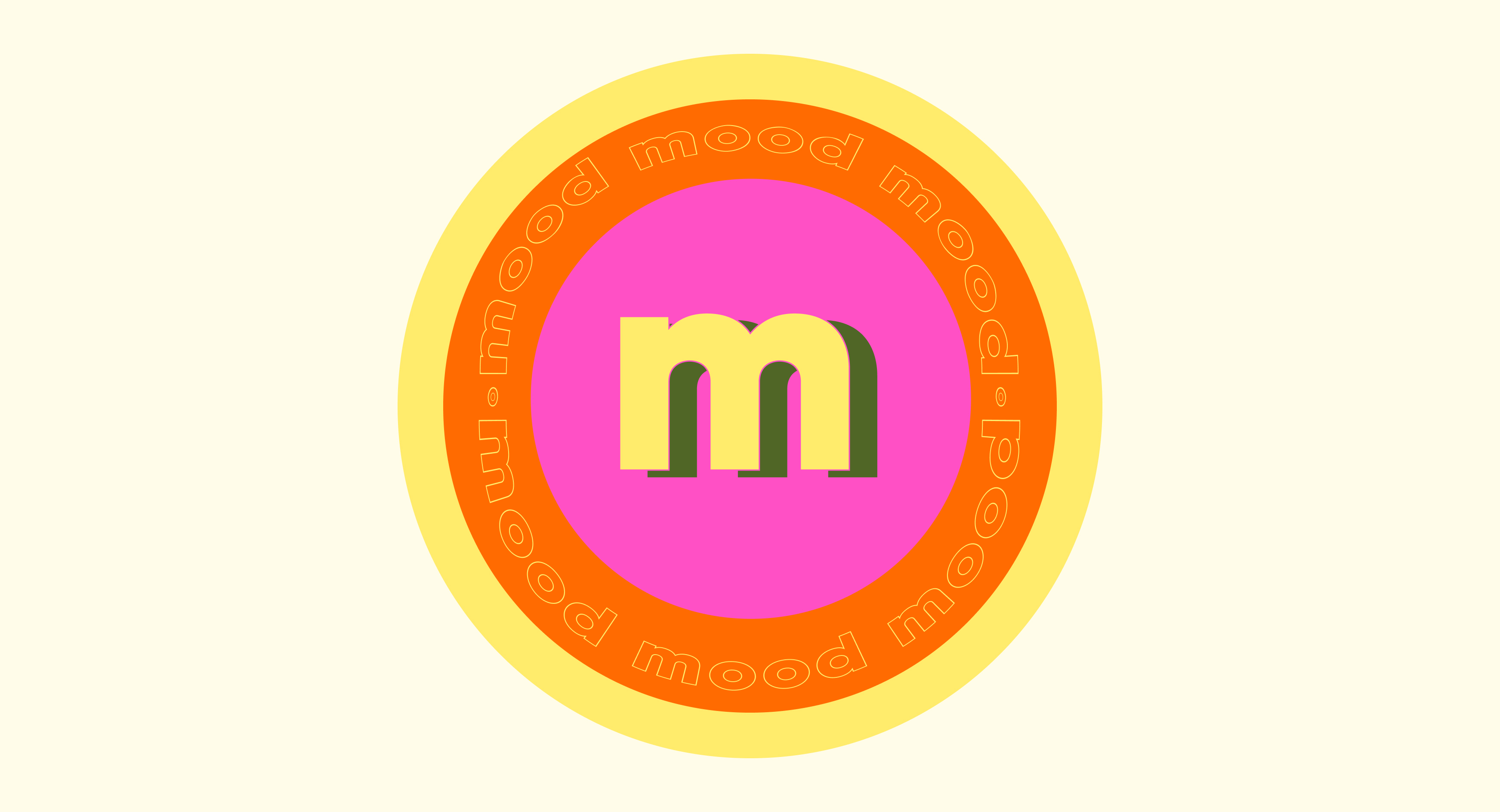 Logo with a pink circle containing a lowercase ‘m’ in the center, surrounded by the repeated word ‘mood’ in orange on a cream background.