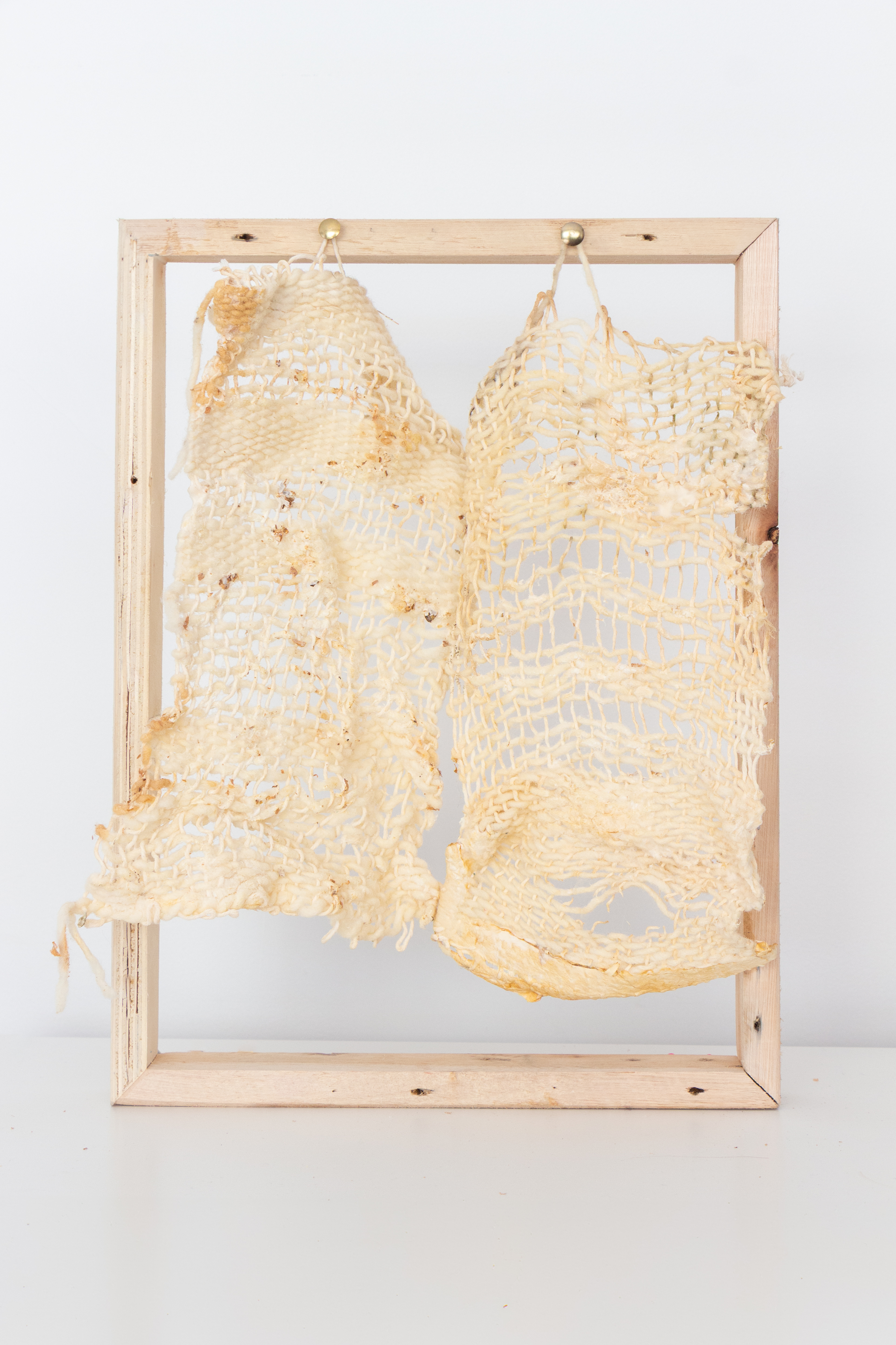 Two translucent woven textile pieces stretched on a wooden frame.