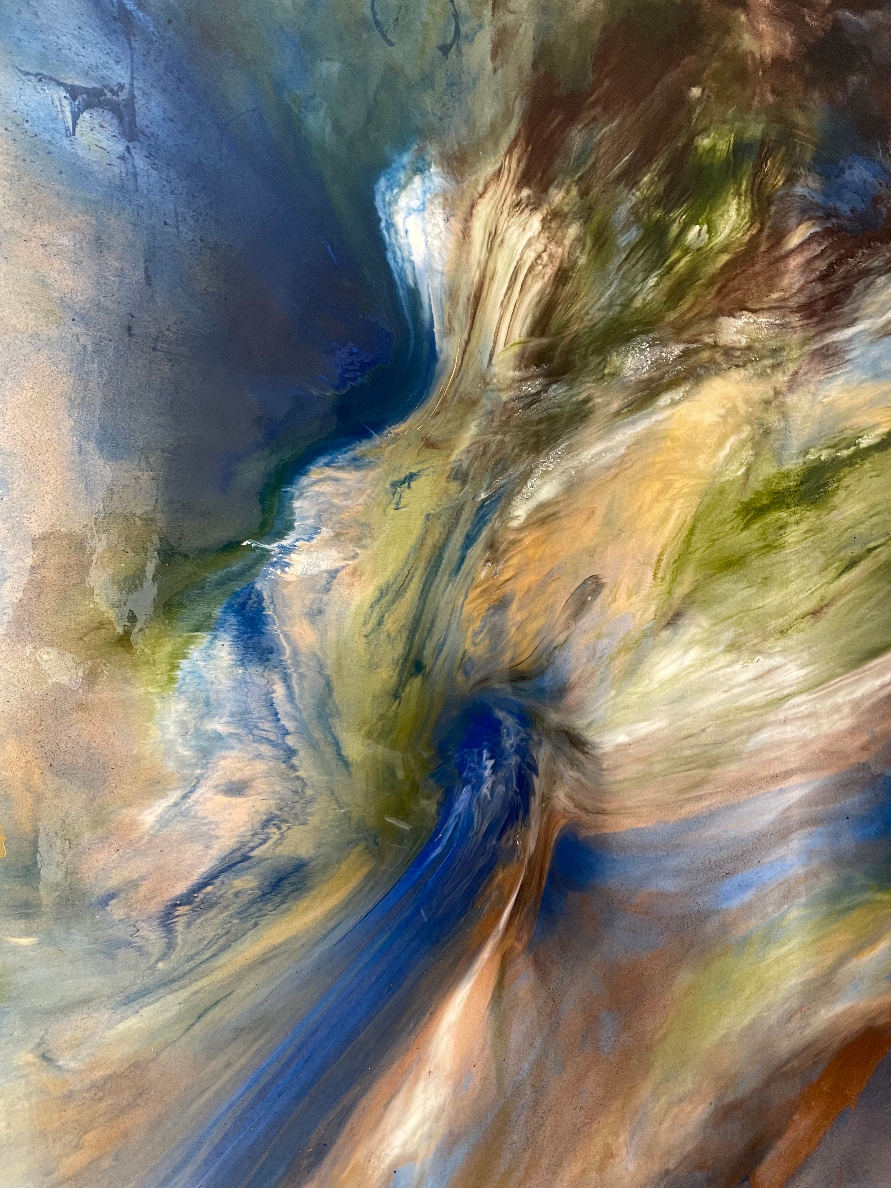 Abstract swirling painting with blue, green, and earthy tones blending together.