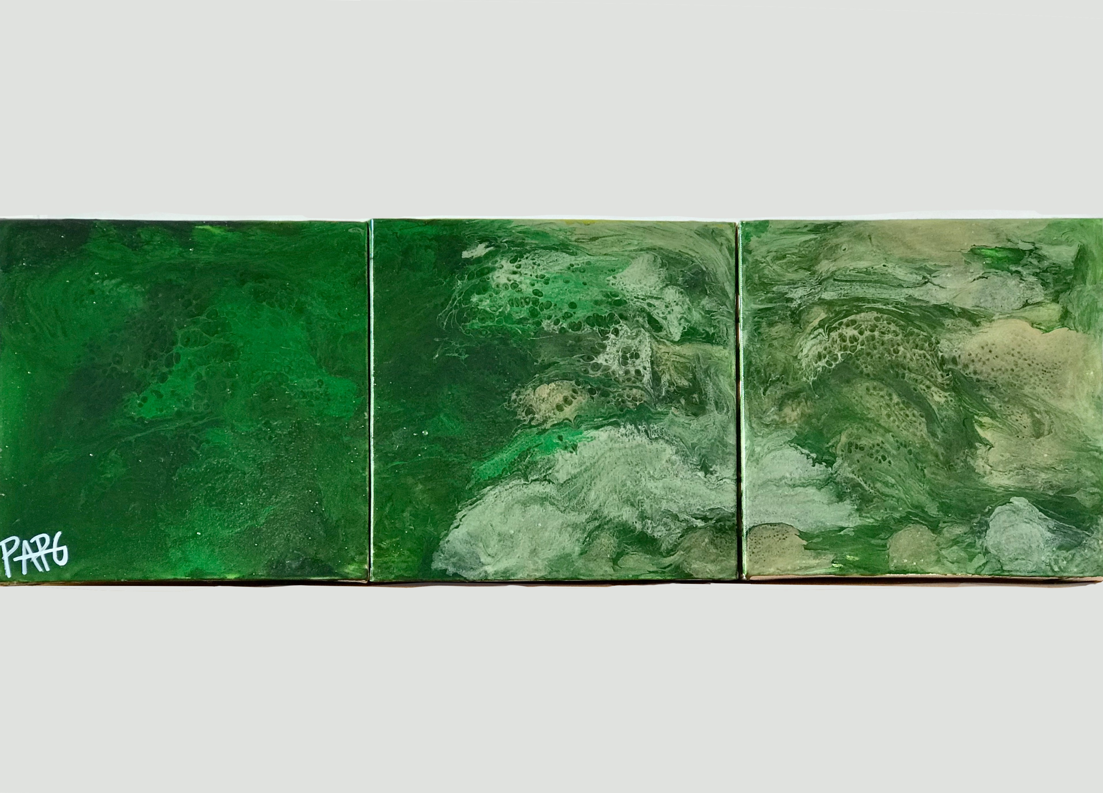 Triptych painting with textured green abstract patterns.